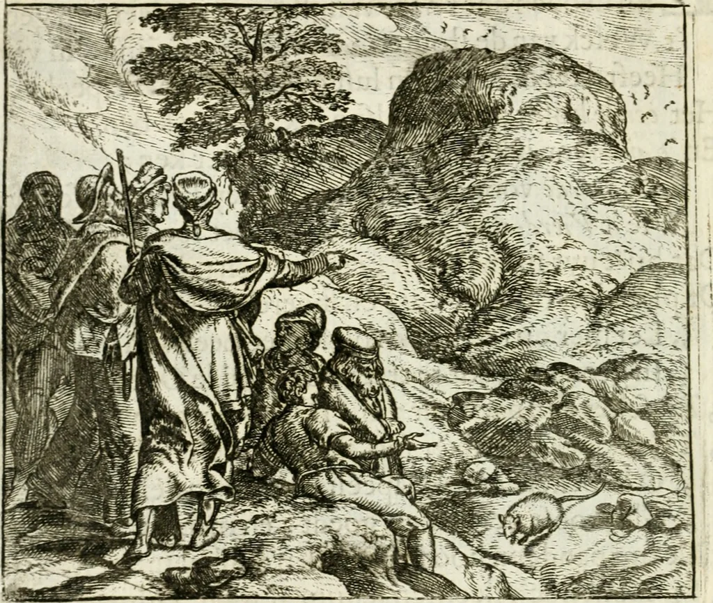 An illustration from Vorstelijcke warande der dieren : waer in de zeden-rijcke philosophie, poëtisch, morael, en historiael, vermakelijck en treffelijck wort voorgestelt : mit exempelen uyt de oude historien, in prose : ende uytleggingen, in rijm verklaert, 1682, leaf 233