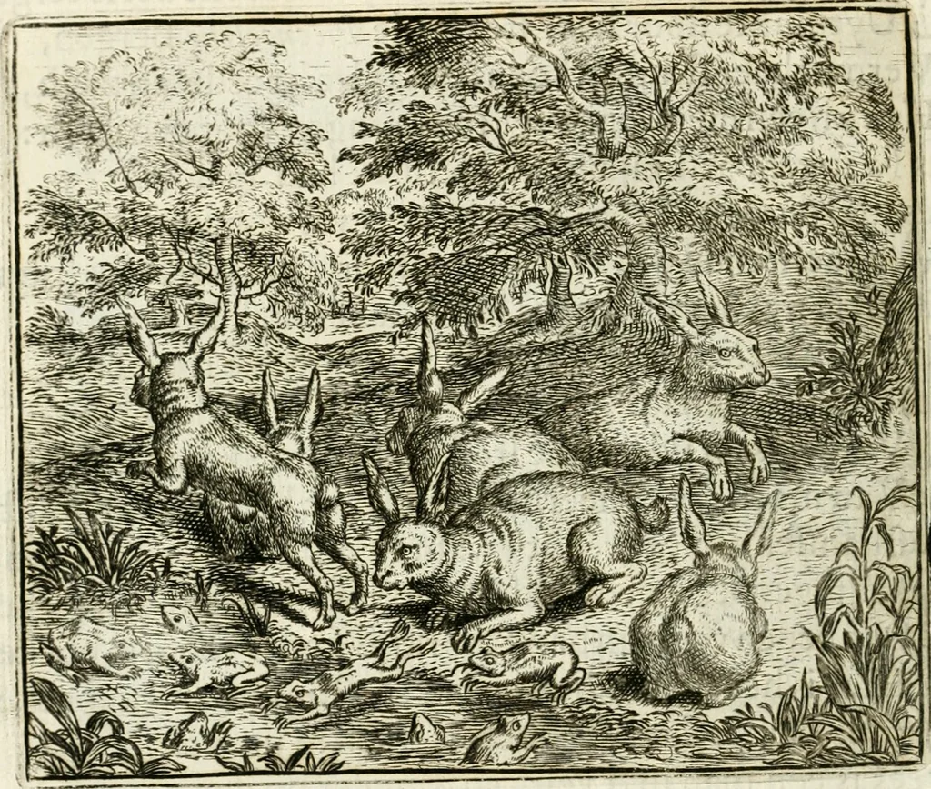 An illustration from Vorstelijcke warande der dieren : waer in de zeden-rijcke philosophie, poëtisch, morael, en historiael, vermakelijck en treffelijck wort voorgestelt : mit exempelen uyt de oude historien, in prose : ende uytleggingen, in rijm verklaert, 1682, leaf 235