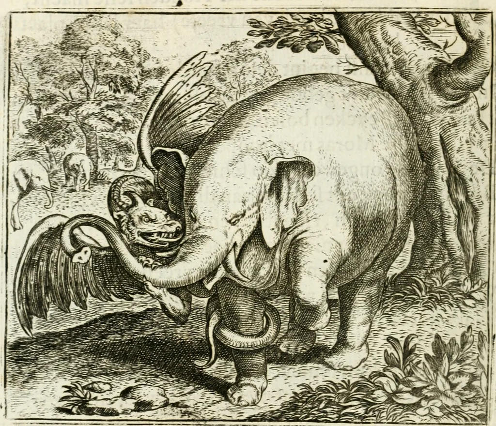 An illustration from Vorstelijcke warande der dieren : waer in de zeden-rijcke philosophie, poëtisch, morael, en historiael, vermakelijck en treffelijck wort voorgestelt : mit exempelen uyt de oude historien, in prose : ende uytleggingen, in rijm verklaert, 1682, leaf 237