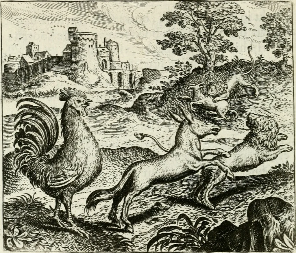 An illustration from Vorstelijcke warande der dieren : waer in de zeden-rijcke philosophie, poëtisch, morael, en historiael, vermakelijck en treffelijck wort voorgestelt : mit exempelen uyt de oude historien, in prose : ende uytleggingen, in rijm verklaert, 1682, leaf 241