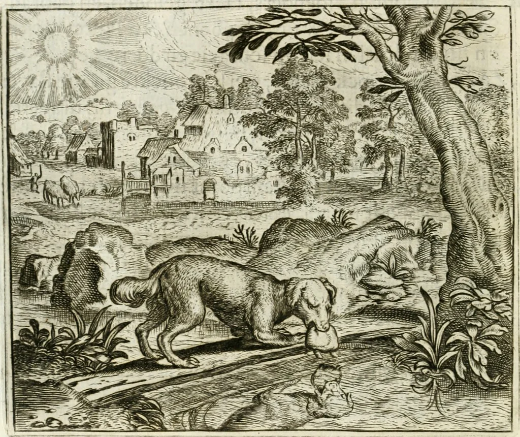 An illustration from Vorstelijcke warande der dieren : waer in de zeden-rijcke philosophie, poëtisch, morael, en historiael, vermakelijck en treffelijck wort voorgestelt : mit exempelen uyt de oude historien, in prose : ende uytleggingen, in rijm verklaert, 1682, leaf 247