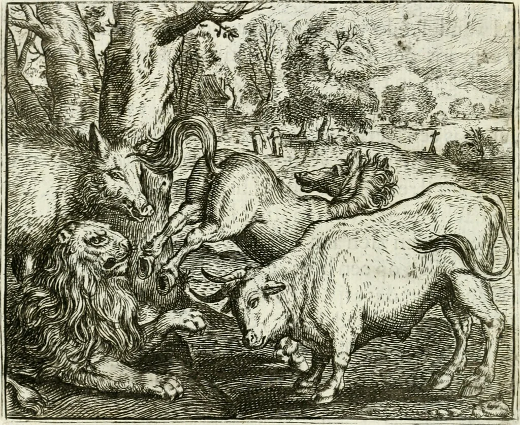 An illustration from Vorstelijcke warande der dieren : waer in de zeden-rijcke philosophie, poëtisch, morael, en historiael, vermakelijck en treffelijck wort voorgestelt : mit exempelen uyt de oude historien, in prose : ende uytleggingen, in rijm verklaert, 1682, leaf 249