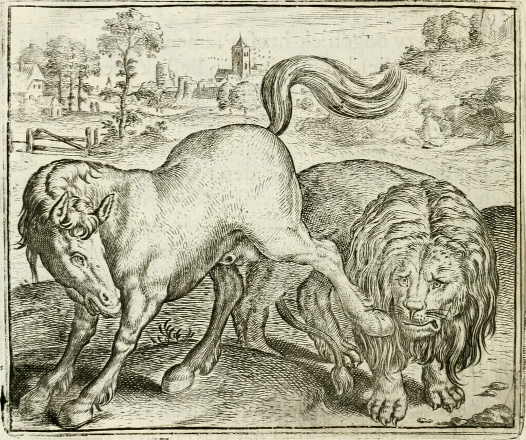 An illustration from Vorstelijcke warande der dieren : waer in de zeden-rijcke philosophie, poëtisch, morael, en historiael, vermakelijck en treffelijck wort voorgestelt : mit exempelen uyt de oude historien, in prose : ende uytleggingen, in rijm verklaert, 1682, leaf 25