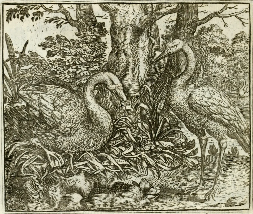 An illustration from Vorstelijcke warande der dieren : waer in de zeden-rijcke philosophie, poëtisch, morael, en historiael, vermakelijck en treffelijck wort voorgestelt : mit exempelen uyt de oude historien, in prose : ende uytleggingen, in rijm verklaert, 1682, leaf 257