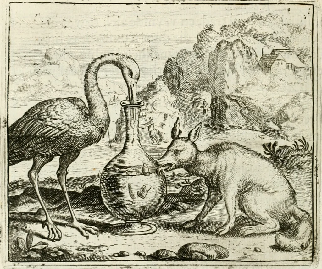 An illustration from Vorstelijcke warande der dieren : waer in de zeden-rijcke philosophie, poëtisch, morael, en historiael, vermakelijck en treffelijck wort voorgestelt : mit exempelen uyt de oude historien, in prose : ende uytleggingen, in rijm verklaert, 1682, leaf 27