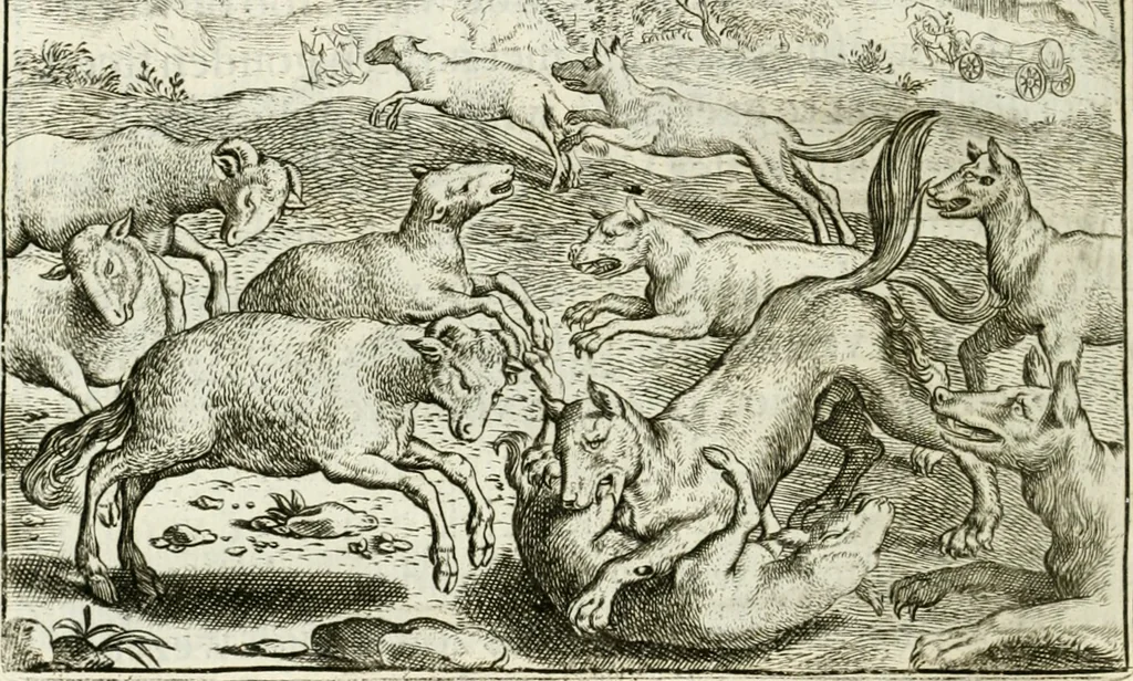 An illustration from Vorstelijcke warande der dieren : waer in de zeden-rijcke philosophie, poëtisch, morael, en historiael, vermakelijck en treffelijck wort voorgestelt : mit exempelen uyt de oude historien, in prose : ende uytleggingen, in rijm verklaert, 1682, leaf 31