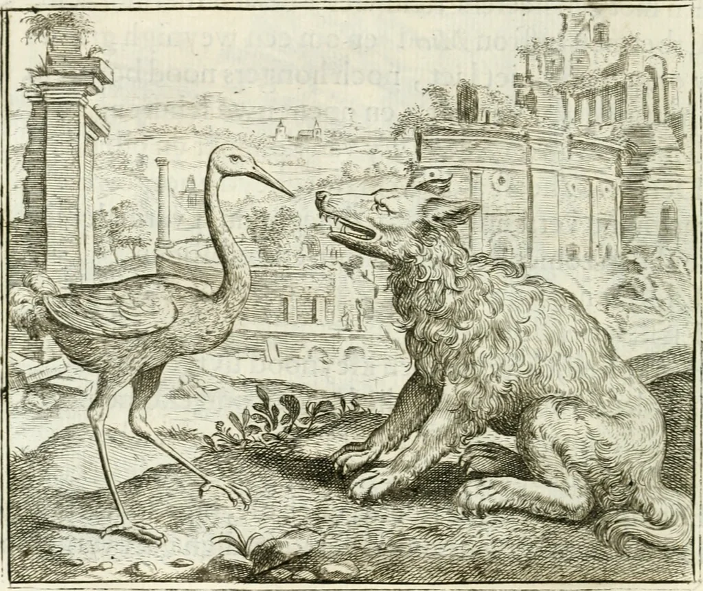 An illustration from Vorstelijcke warande der dieren : waer in de zeden-rijcke philosophie, poëtisch, morael, en historiael, vermakelijck en treffelijck wort voorgestelt : mit exempelen uyt de oude historien, in prose : ende uytleggingen, in rijm verklaert, 1682, leaf 39
