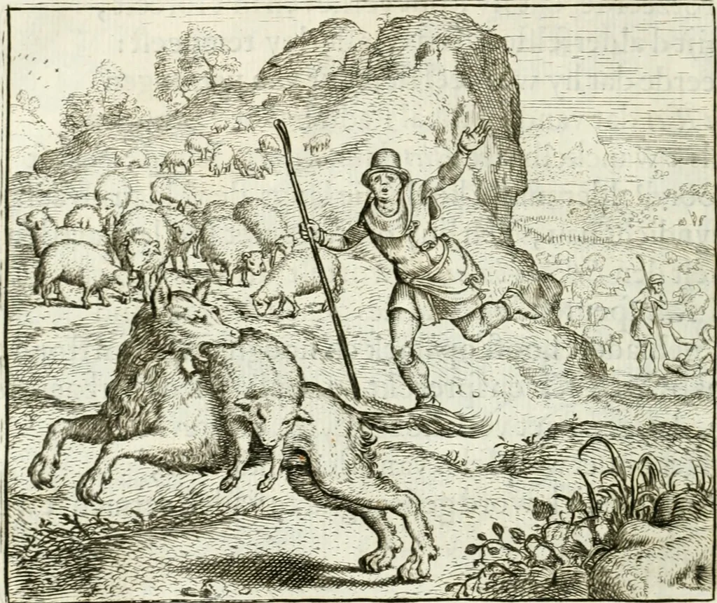 An illustration from Vorstelijcke warande der dieren : waer in de zeden-rijcke philosophie, poëtisch, morael, en historiael, vermakelijck en treffelijck wort voorgestelt : mit exempelen uyt de oude historien, in prose : ende uytleggingen, in rijm verklaert, 1682, leaf 43