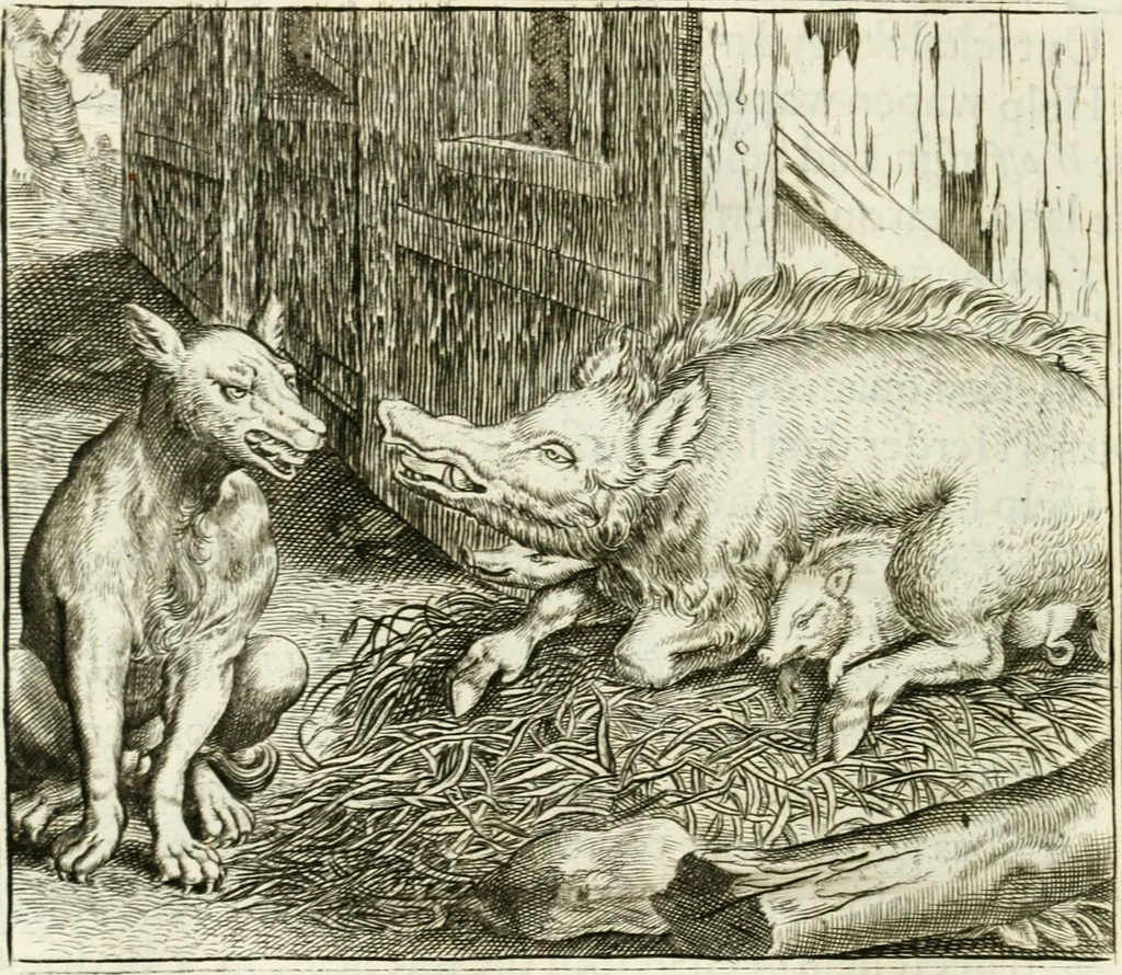An illustration from Vorstelijcke warande der dieren : waer in de zeden-rijcke philosophie, poëtisch, morael, en historiael, vermakelijck en treffelijck wort voorgestelt : mit exempelen uyt de oude historien, in prose : ende uytleggingen, in rijm verklaert, 1682, leaf 45