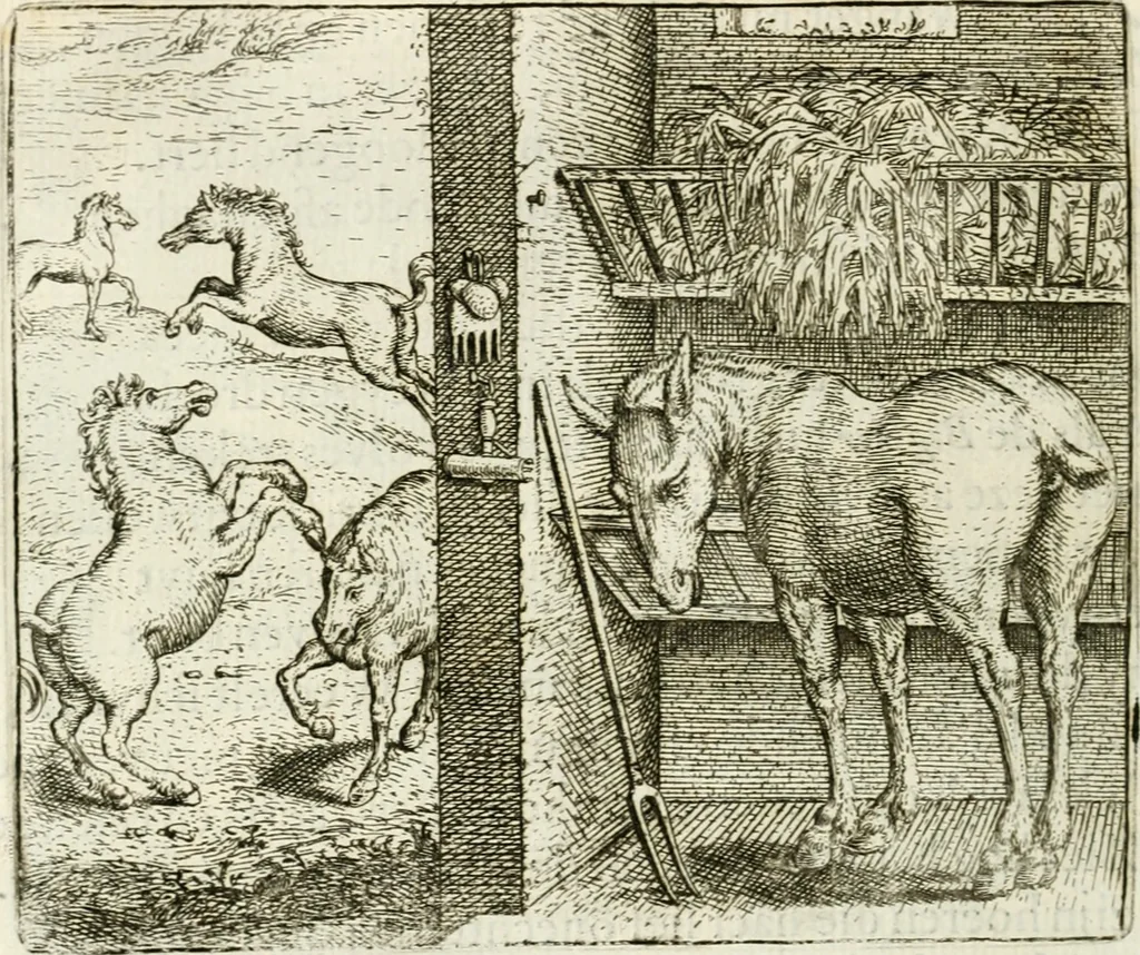 An illustration from Vorstelijcke warande der dieren : waer in de zeden-rijcke philosophie, poëtisch, morael, en historiael, vermakelijck en treffelijck wort voorgestelt : mit exempelen uyt de oude historien, in prose : ende uytleggingen, in rijm verklaert, 1682, leaf 47