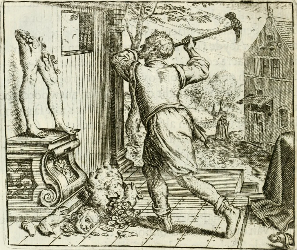 An illustration from Vorstelijcke warande der dieren : waer in de zeden-rijcke philosophie, poëtisch, morael, en historiael, vermakelijck en treffelijck wort voorgestelt : mit exempelen uyt de oude historien, in prose : ende uytleggingen, in rijm verklaert, 1682, leaf 51