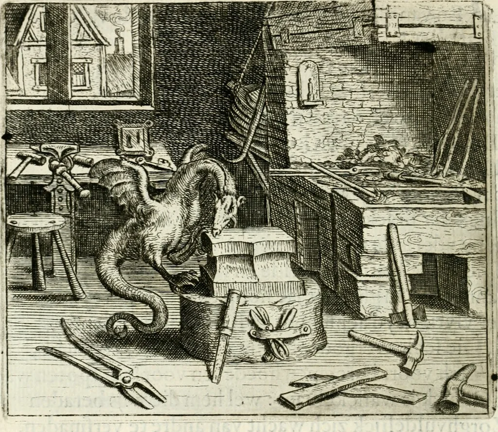An illustration from Vorstelijcke warande der dieren : waer in de zeden-rijcke philosophie, poëtisch, morael, en historiael, vermakelijck en treffelijck wort voorgestelt : mit exempelen uyt de oude historien, in prose : ende uytleggingen, in rijm verklaert, 1682, leaf 55