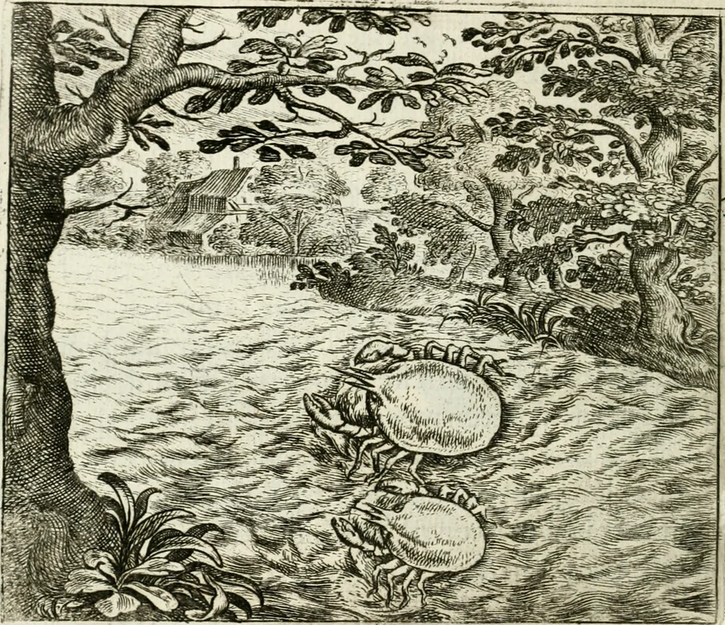An illustration from Vorstelijcke warande der dieren : waer in de zeden-rijcke philosophie, poëtisch, morael, en historiael, vermakelijck en treffelijck wort voorgestelt : mit exempelen uyt de oude historien, in prose : ende uytleggingen, in rijm verklaert, 1682, leaf 57