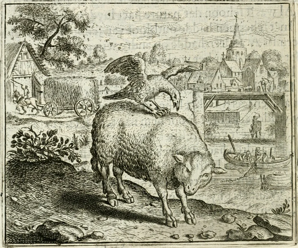 An illustration from Vorstelijcke warande der dieren : waer in de zeden-rijcke philosophie, poëtisch, morael, en historiael, vermakelijck en treffelijck wort voorgestelt : mit exempelen uyt de oude historien, in prose : ende uytleggingen, in rijm verklaert, 1682, leaf 59