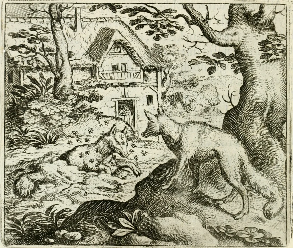 An illustration from Vorstelijcke warande der dieren : waer in de zeden-rijcke philosophie, poëtisch, morael, en historiael, vermakelijck en treffelijck wort voorgestelt : mit exempelen uyt de oude historien, in prose : ende uytleggingen, in rijm verklaert, 1682, leaf 61