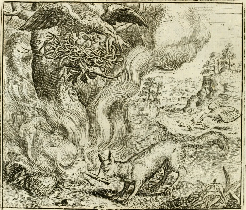 An illustration from Vorstelijcke warande der dieren : waer in de zeden-rijcke philosophie, poëtisch, morael, en historiael, vermakelijck en treffelijck wort voorgestelt : mit exempelen uyt de oude historien, in prose : ende uytleggingen, in rijm verklaert, 1682, leaf 63
