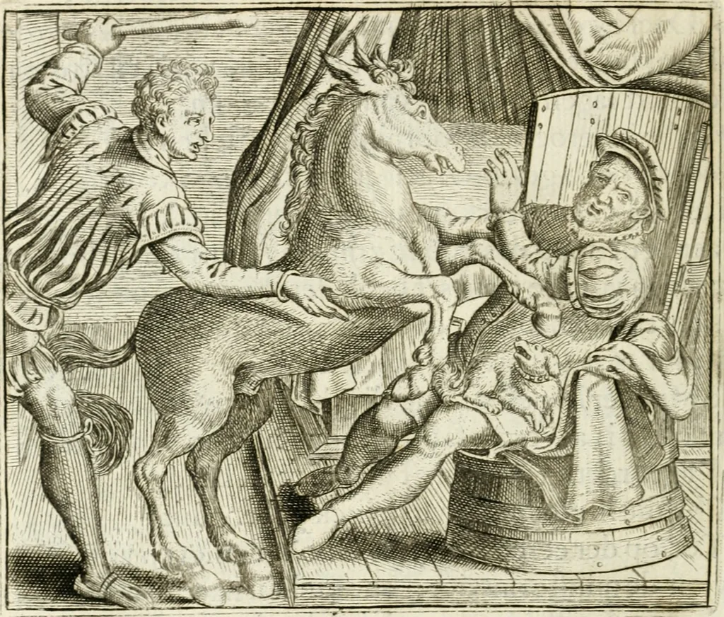 An illustration from Vorstelijcke warande der dieren : waer in de zeden-rijcke philosophie, poëtisch, morael, en historiael, vermakelijck en treffelijck wort voorgestelt : mit exempelen uyt de oude historien, in prose : ende uytleggingen, in rijm verklaert, 1682, leaf 65