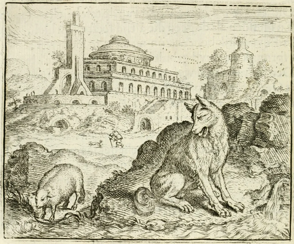 An illustration from Vorstelijcke warande der dieren : waer in de zeden-rijcke philosophie, poëtisch, morael, en historiael, vermakelijck en treffelijck wort voorgestelt : mit exempelen uyt de oude historien, in prose : ende uytleggingen, in rijm verklaert, 1682, leaf 67