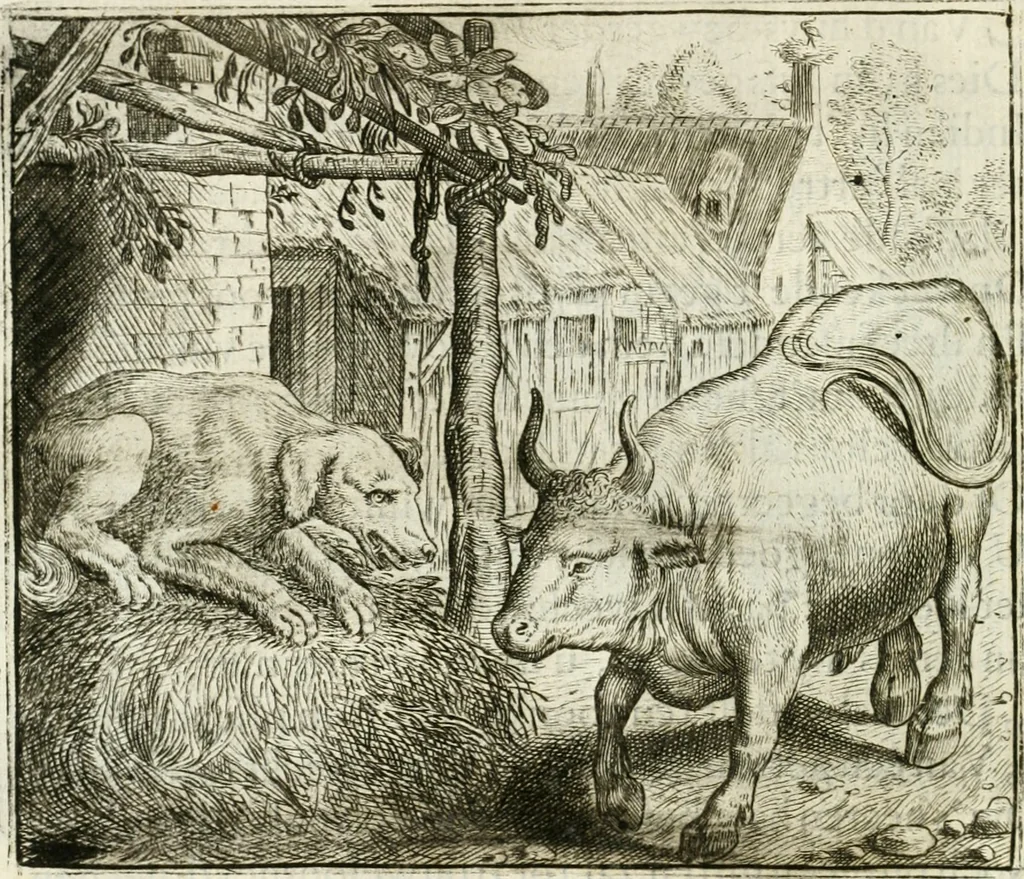 An illustration from Vorstelijcke warande der dieren : waer in de zeden-rijcke philosophie, poëtisch, morael, en historiael, vermakelijck en treffelijck wort voorgestelt : mit exempelen uyt de oude historien, in prose : ende uytleggingen, in rijm verklaert, 1682, leaf 71