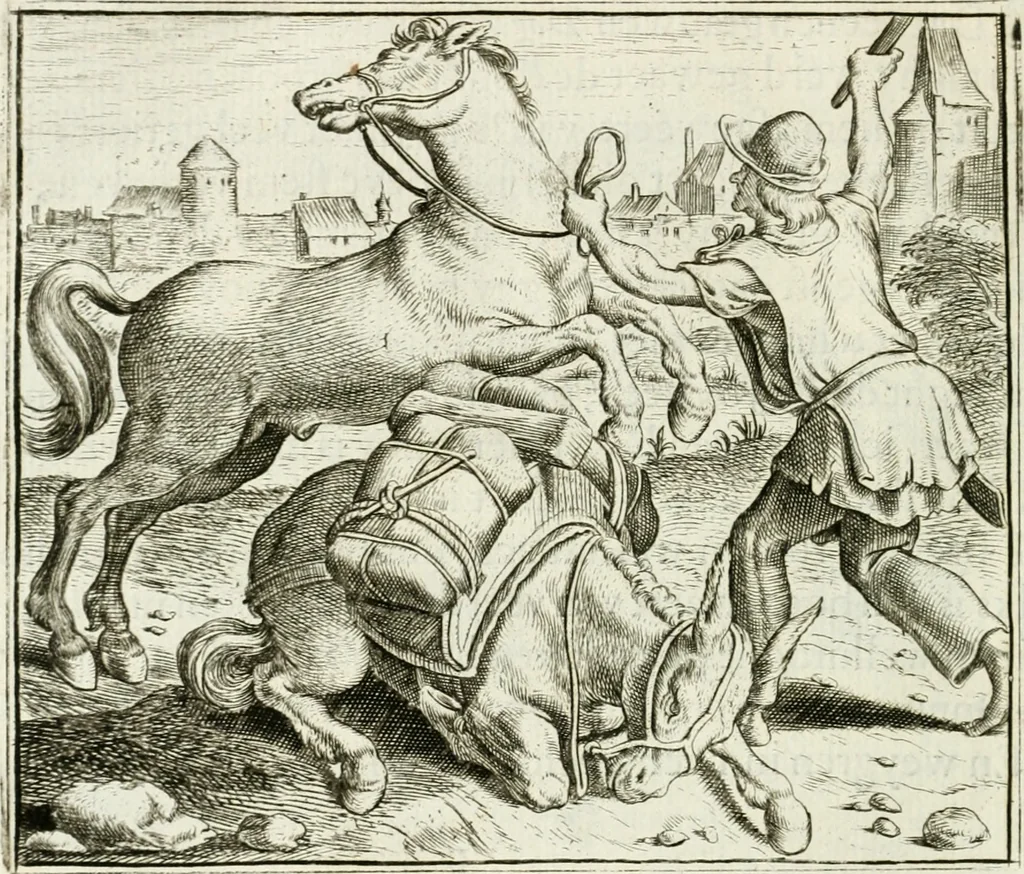 An illustration from Vorstelijcke warande der dieren : waer in de zeden-rijcke philosophie, poëtisch, morael, en historiael, vermakelijck en treffelijck wort voorgestelt : mit exempelen uyt de oude historien, in prose : ende uytleggingen, in rijm verklaert, 1682, leaf 73