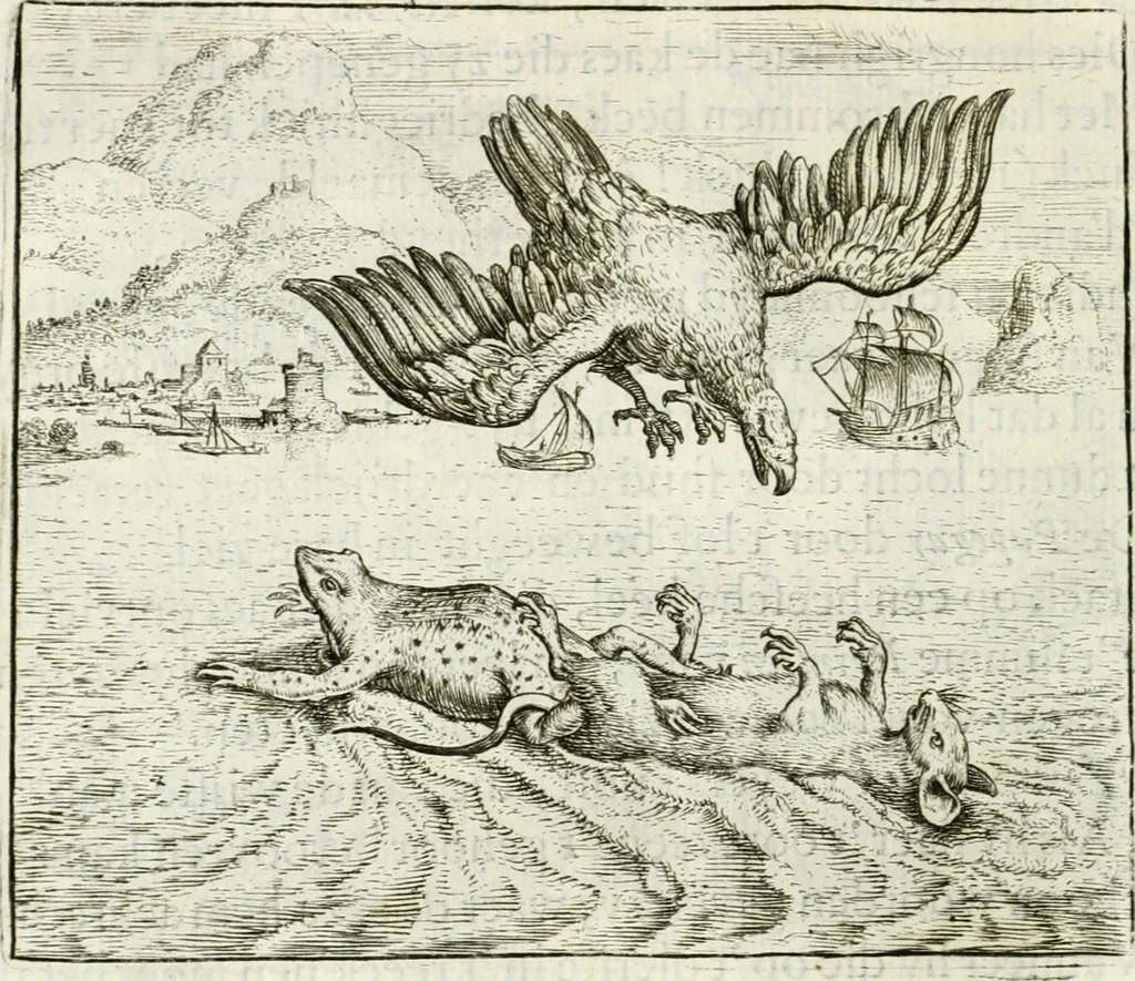 An illustration from Vorstelijcke warande der dieren : waer in de zeden-rijcke philosophie, poëtisch, morael, en historiael, vermakelijck en treffelijck wort voorgestelt : mit exempelen uyt de oude historien, in prose : ende uytleggingen, in rijm verklaert, 1682, leaf 77