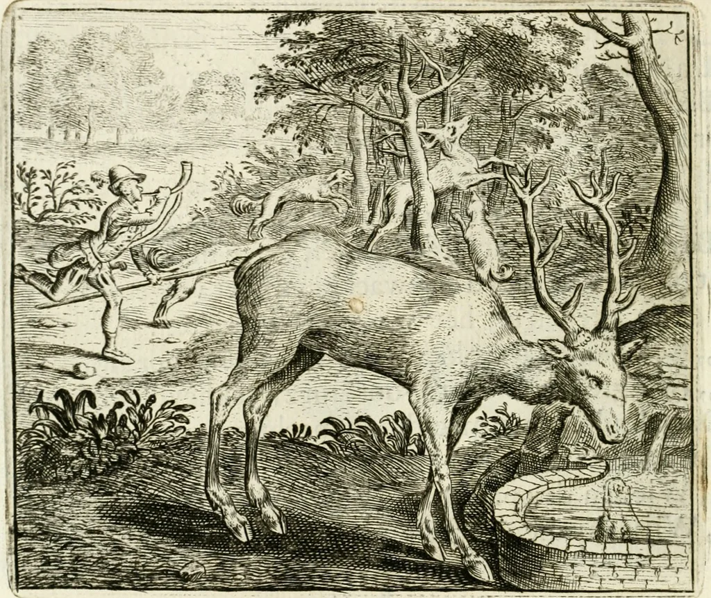 An illustration from Vorstelijcke warande der dieren : waer in de zeden-rijcke philosophie, poëtisch, morael, en historiael, vermakelijck en treffelijck wort voorgestelt : mit exempelen uyt de oude historien, in prose : ende uytleggingen, in rijm verklaert, 1682, leaf 81