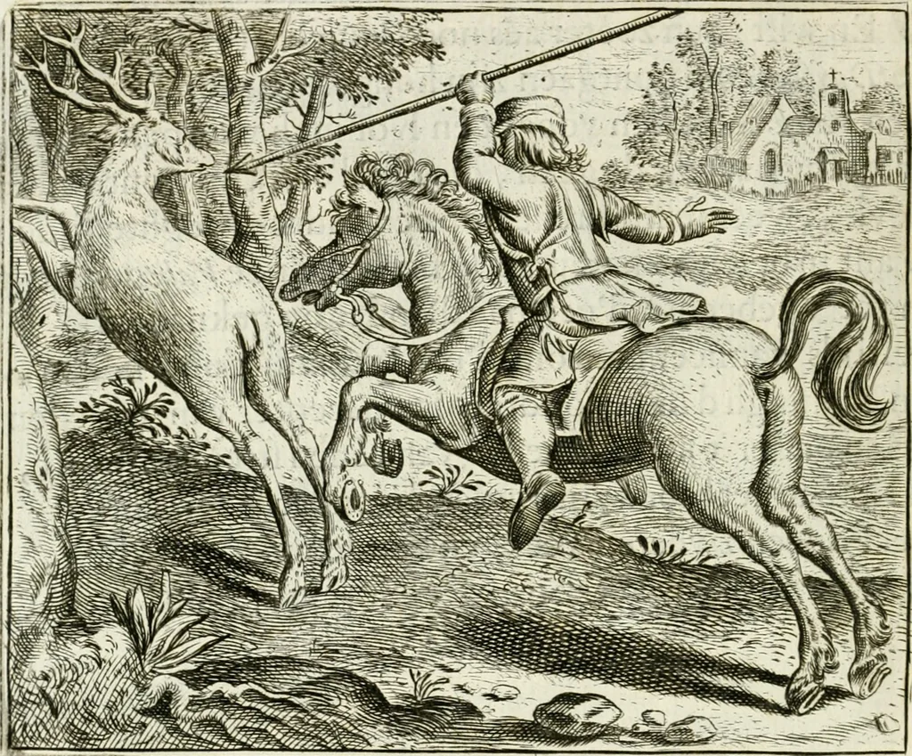 An illustration from Vorstelijcke warande der dieren : waer in de zeden-rijcke philosophie, poëtisch, morael, en historiael, vermakelijck en treffelijck wort voorgestelt : mit exempelen uyt de oude historien, in prose : ende uytleggingen, in rijm verklaert, 1682, leaf 85