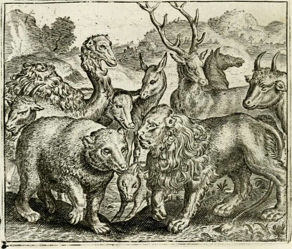 An illustration from Vorstelijcke warande der dieren : waer in de zeden-rijcke philosophie, poëtisch, morael, en historiael, vermakelijck en treffelijck wort voorgestelt : mit exempelen uyt de oude historien, in prose : ende uytleggingen, in rijm verklaert, 1682, leaf 87