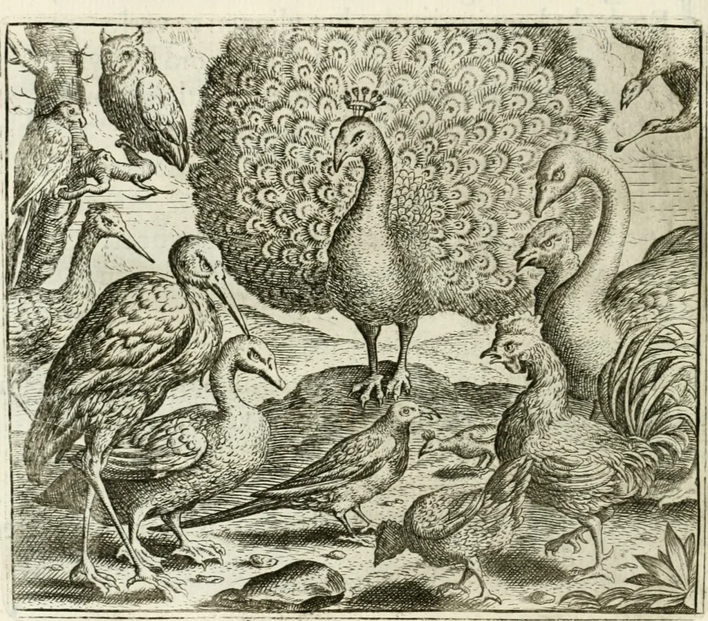 An illustration from Vorstelijcke warande der dieren : waer in de zeden-rijcke philosophie, poëtisch, morael, en historiael, vermakelijck en treffelijck wort voorgestelt : mit exempelen uyt de oude historien, in prose : ende uytleggingen, in rijm verklaert, 1682, leaf 91