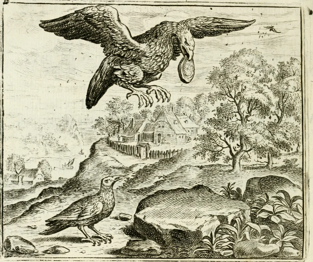 An illustration from Vorstelijcke warande der dieren : waer in de zeden-rijcke philosophie, poëtisch, morael, en historiael, vermakelijck en treffelijck wort voorgestelt : mit exempelen uyt de oude historien, in prose : ende uytleggingen, in rijm verklaert, 1682, leaf 95