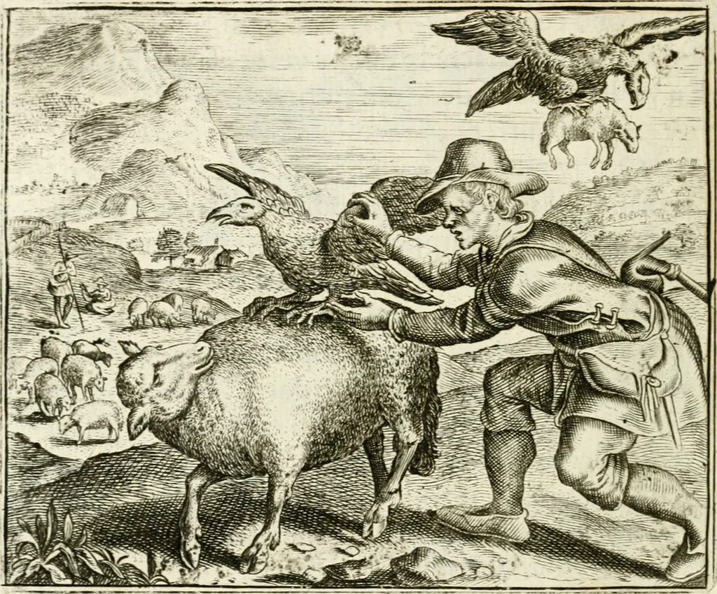 An illustration from Vorstelijcke warande der dieren : waer in de zeden-rijcke philosophie, poëtisch, morael, en historiael, vermakelijck en treffelijck wort voorgestelt : mit exempelen uyt de oude historien, in prose : ende uytleggingen, in rijm verklaert, 1682, leaf 97