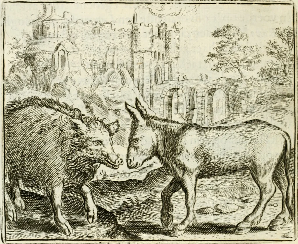 An illustration from Vorstelijcke warande der dieren : waer in de zeden-rijcke philosophie, poëtisch, morael, en historiael, vermakelijck en treffelijck wort voorgestelt : mit exempelen uyt de oude historien, in prose : ende uytleggingen, in rijm verklaert, 1682, leaf 99