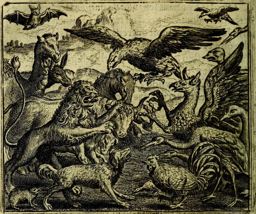 An illustration from Vorstelijcke warande der dieren : waer in de zeden-rijcke philosophie, poëtisch, morael, en historiael, vermakelijck en treffelijck wort voorgestelt : mit exempelen uyt de oude historien, in prose, 1682, leaf 105