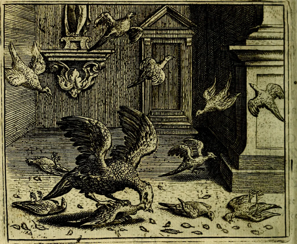 An illustration from Vorstelijcke warande der dieren : waer in de zeden-rijcke philosophie, poëtisch, morael, en historiael, vermakelijck en treffelijck wort voorgestelt : mit exempelen uyt de oude historien, in prose, 1682, leaf 127