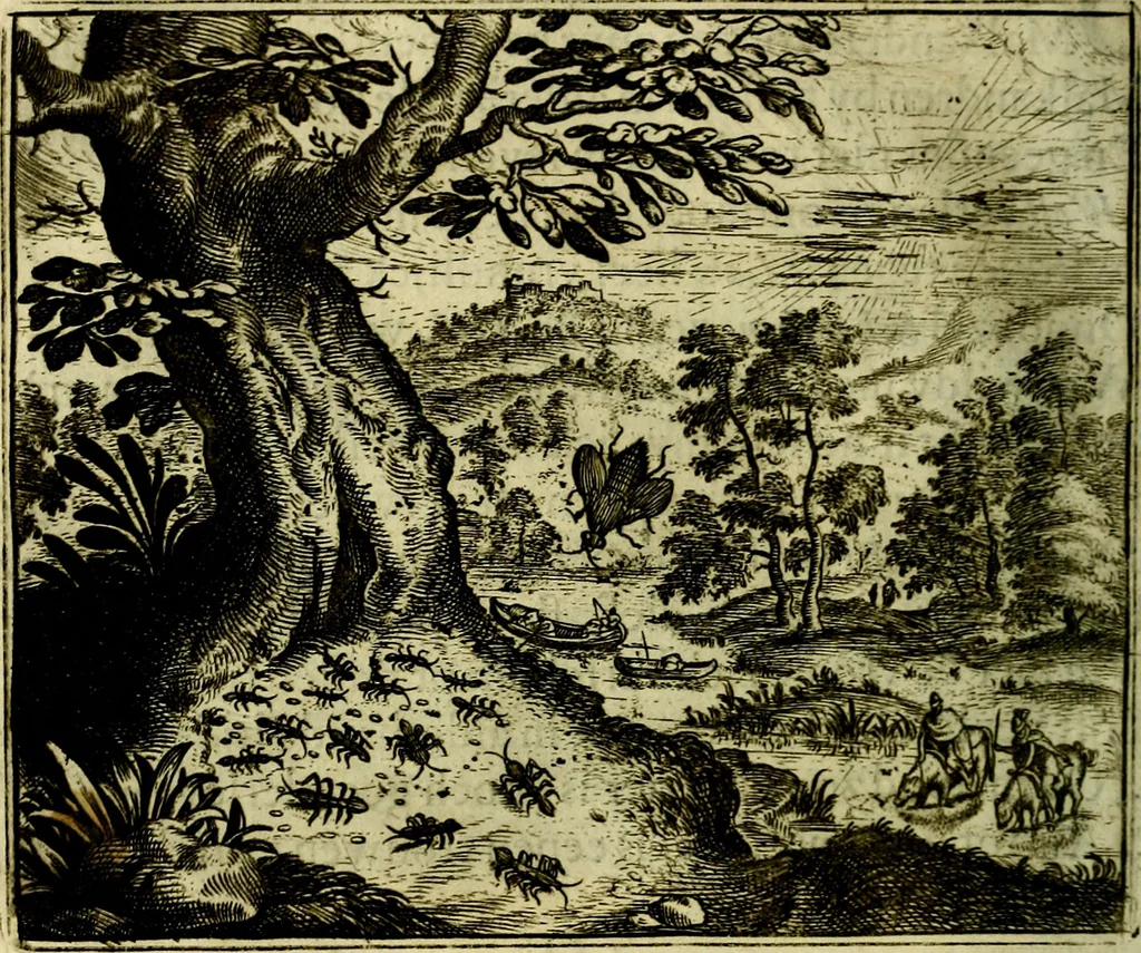 An illustration from Vorstelijcke warande der dieren : waer in de zeden-rijcke philosophie, poëtisch, morael, en historiael, vermakelijck en treffelijck wort voorgestelt : mit exempelen uyt de oude historien, in prose, 1682, leaf 131