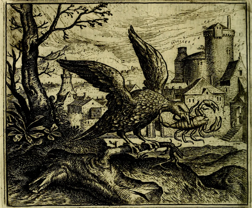 An illustration from Vorstelijcke warande der dieren : waer in de zeden-rijcke philosophie, poëtisch, morael, en historiael, vermakelijck en treffelijck wort voorgestelt : mit exempelen uyt de oude historien, in prose, 1682, leaf 133