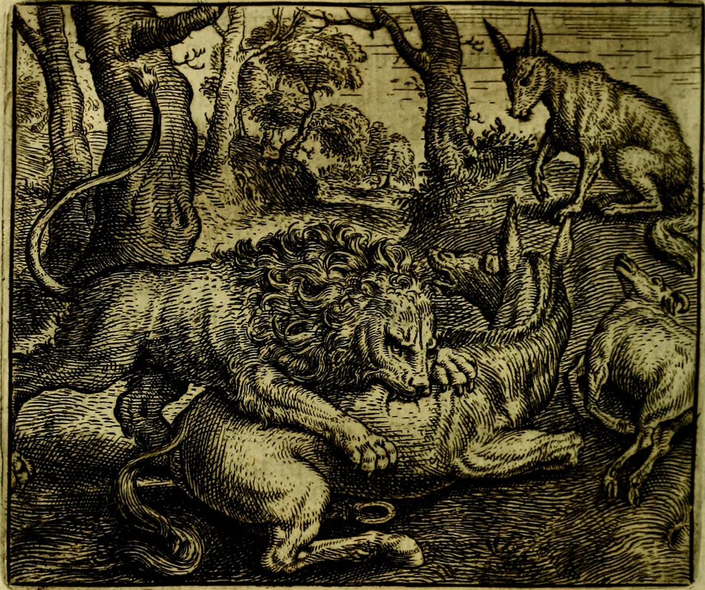 An illustration from Vorstelijcke warande der dieren : waer in de zeden-rijcke philosophie, poëtisch, morael, en historiael, vermakelijck en treffelijck wort voorgestelt : mit exempelen uyt de oude historien, in prose, 1682, leaf 165