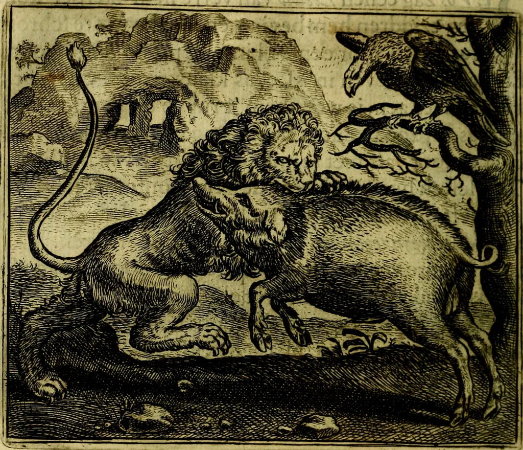 An illustration from Vorstelijcke warande der dieren : waer in de zeden-rijcke philosophie, poëtisch, morael, en historiael, vermakelijck en treffelijck wort voorgestelt : mit exempelen uyt de oude historien, in prose, 1682, leaf 169