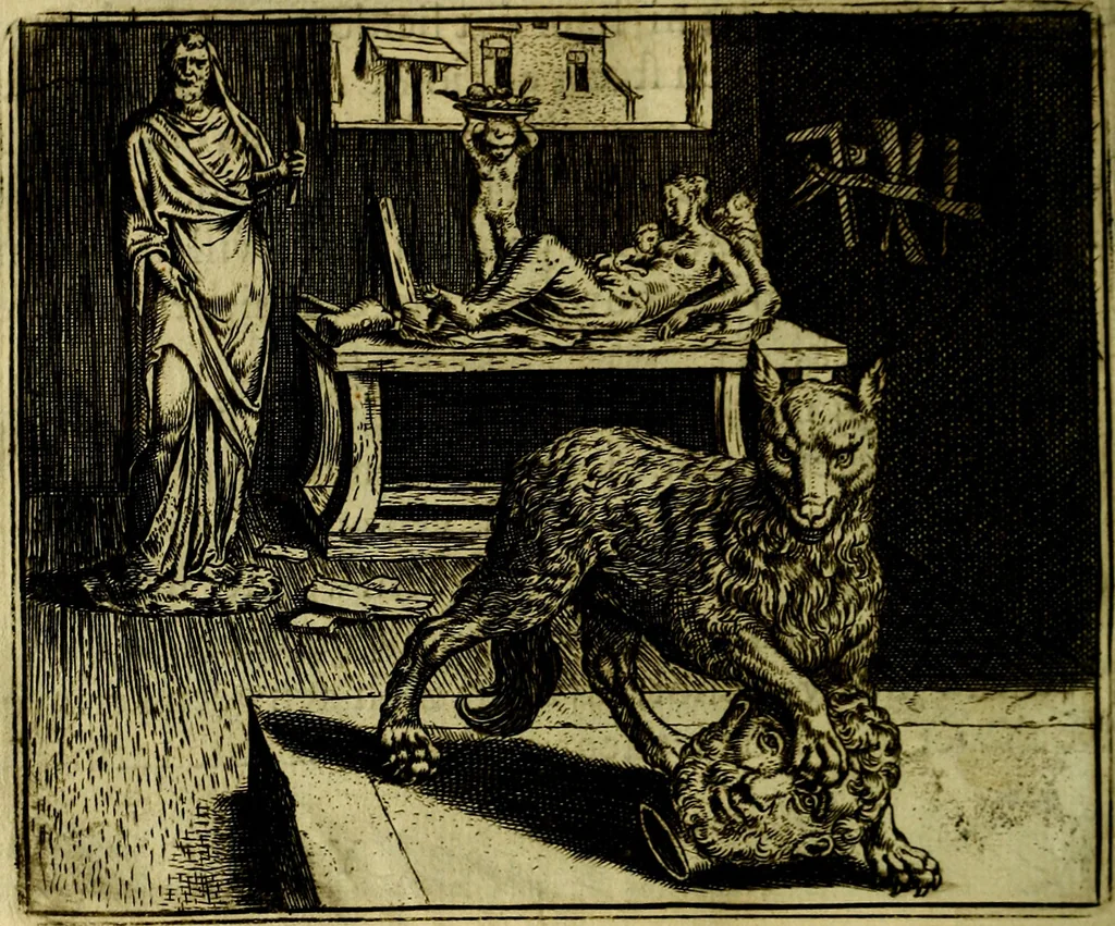 An illustration from Vorstelijcke warande der dieren : waer in de zeden-rijcke philosophie, poëtisch, morael, en historiael, vermakelijck en treffelijck wort voorgestelt : mit exempelen uyt de oude historien, in prose, 1682, leaf 179