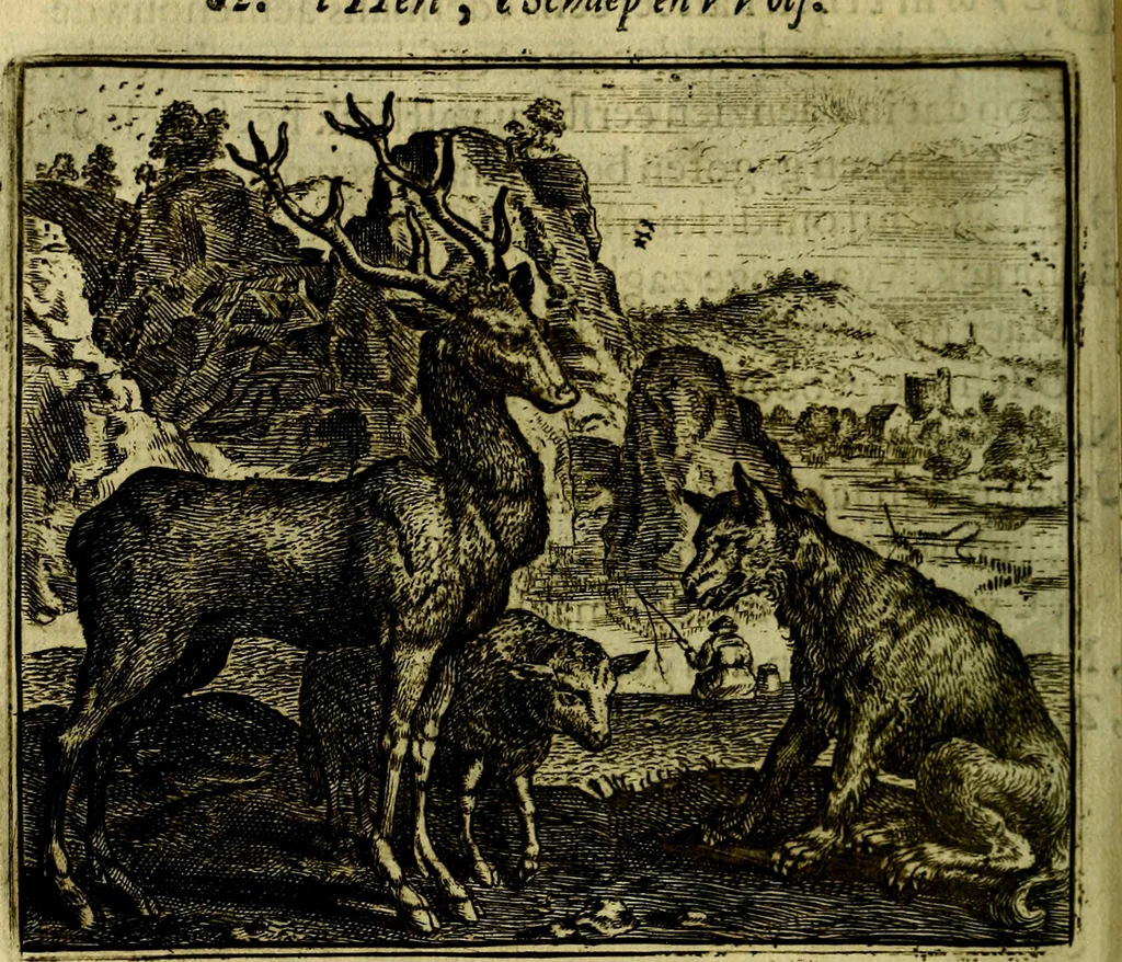 An illustration from Vorstelijcke warande der dieren : waer in de zeden-rijcke philosophie, poëtisch, morael, en historiael, vermakelijck en treffelijck wort voorgestelt : mit exempelen uyt de oude historien, in prose, 1682, leaf 181