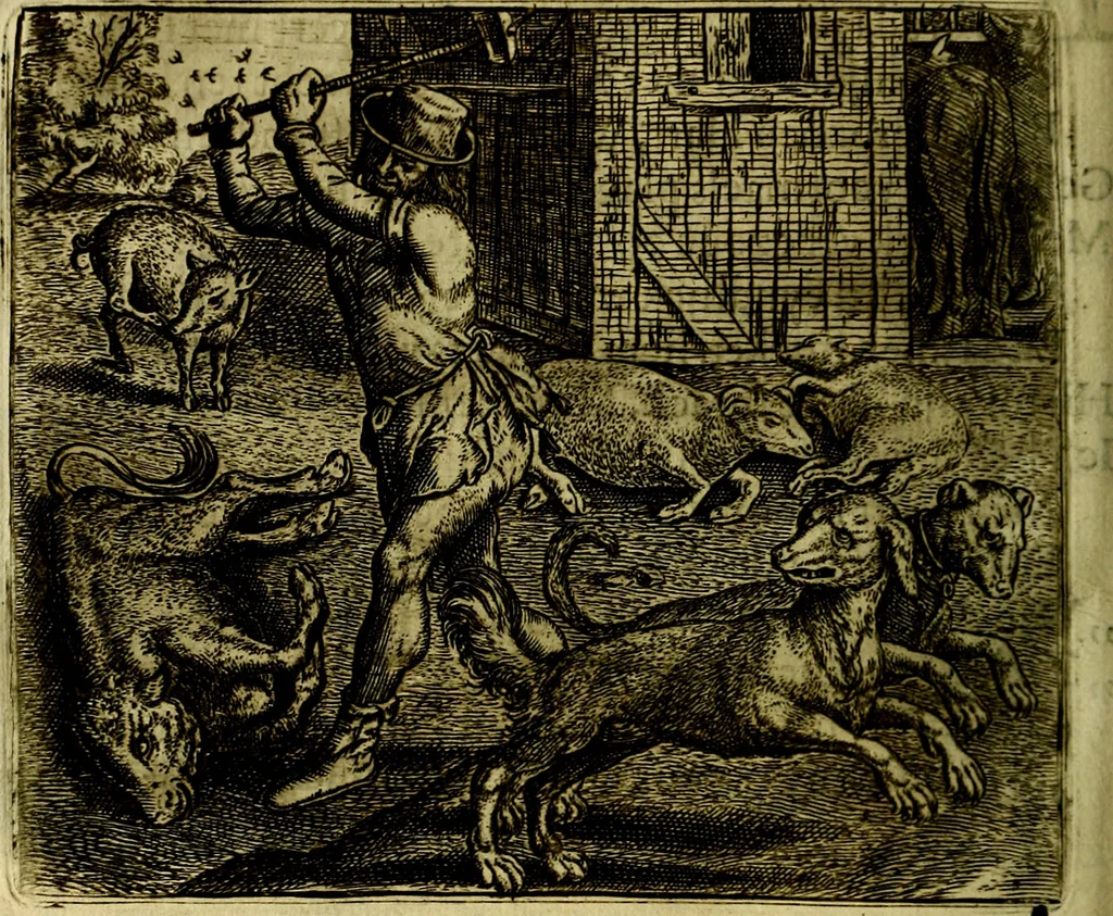 An illustration from Vorstelijcke warande der dieren : waer in de zeden-rijcke philosophie, poëtisch, morael, en historiael, vermakelijck en treffelijck wort voorgestelt : mit exempelen uyt de oude historien, in prose, 1682, leaf 191