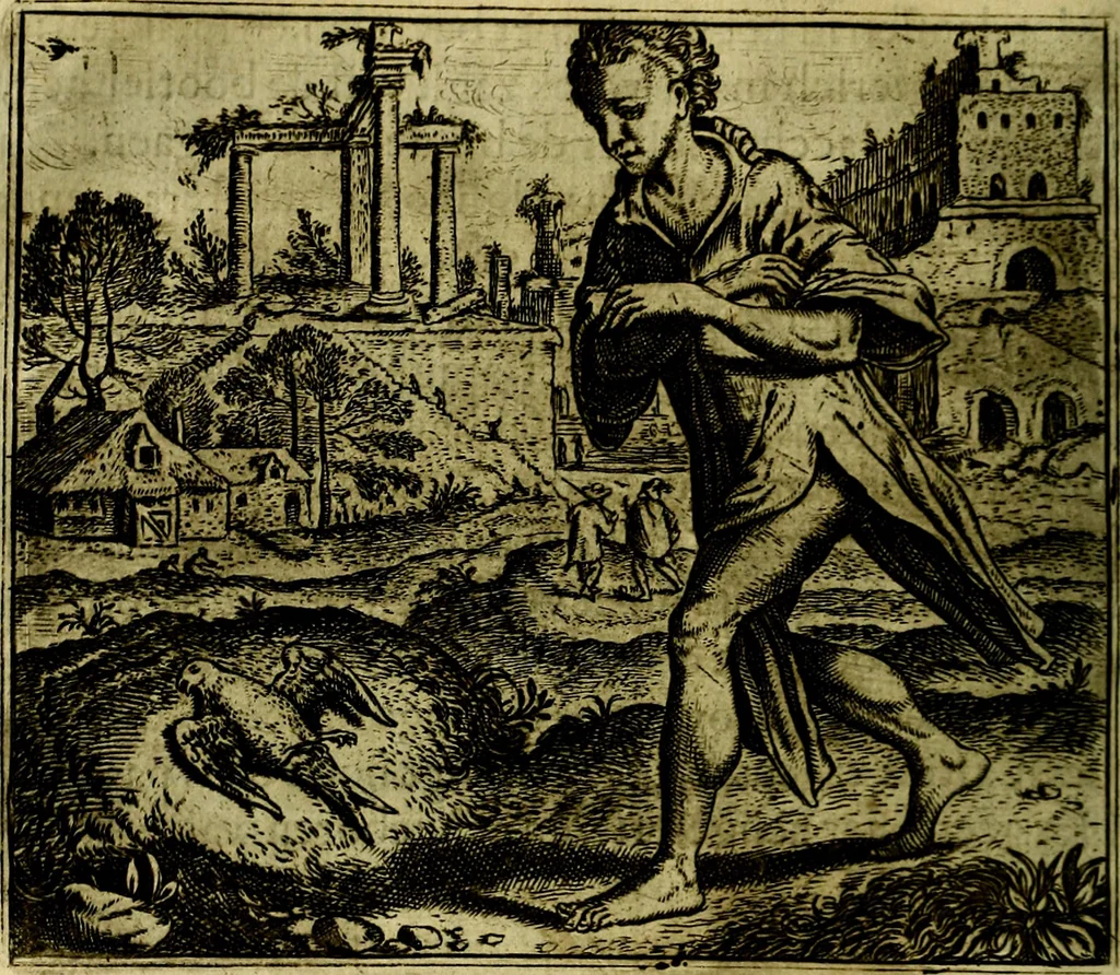 An illustration from Vorstelijcke warande der dieren : waer in de zeden-rijcke philosophie, poëtisch, morael, en historiael, vermakelijck en treffelijck wort voorgestelt : mit exempelen uyt de oude historien, in prose, 1682, leaf 197