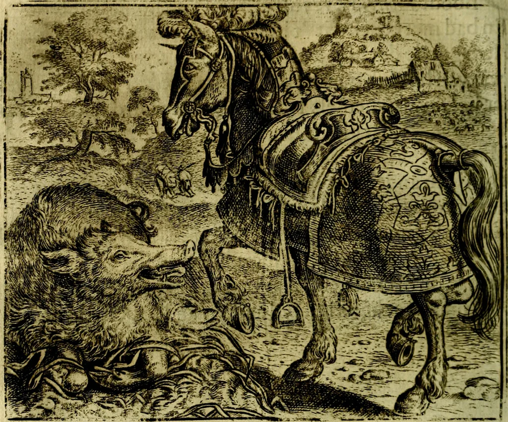 An illustration from Vorstelijcke warande der dieren : waer in de zeden-rijcke philosophie, poëtisch, morael, en historiael, vermakelijck en treffelijck wort voorgestelt : mit exempelen uyt de oude historien, in prose, 1682, leaf 211
