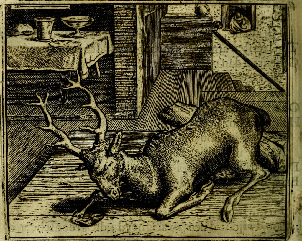 An illustration from Vorstelijcke warande der dieren : waer in de zeden-rijcke philosophie, poëtisch, morael, en historiael, vermakelijck en treffelijck wort voorgestelt : mit exempelen uyt de oude historien, in prose, 1682, leaf 221