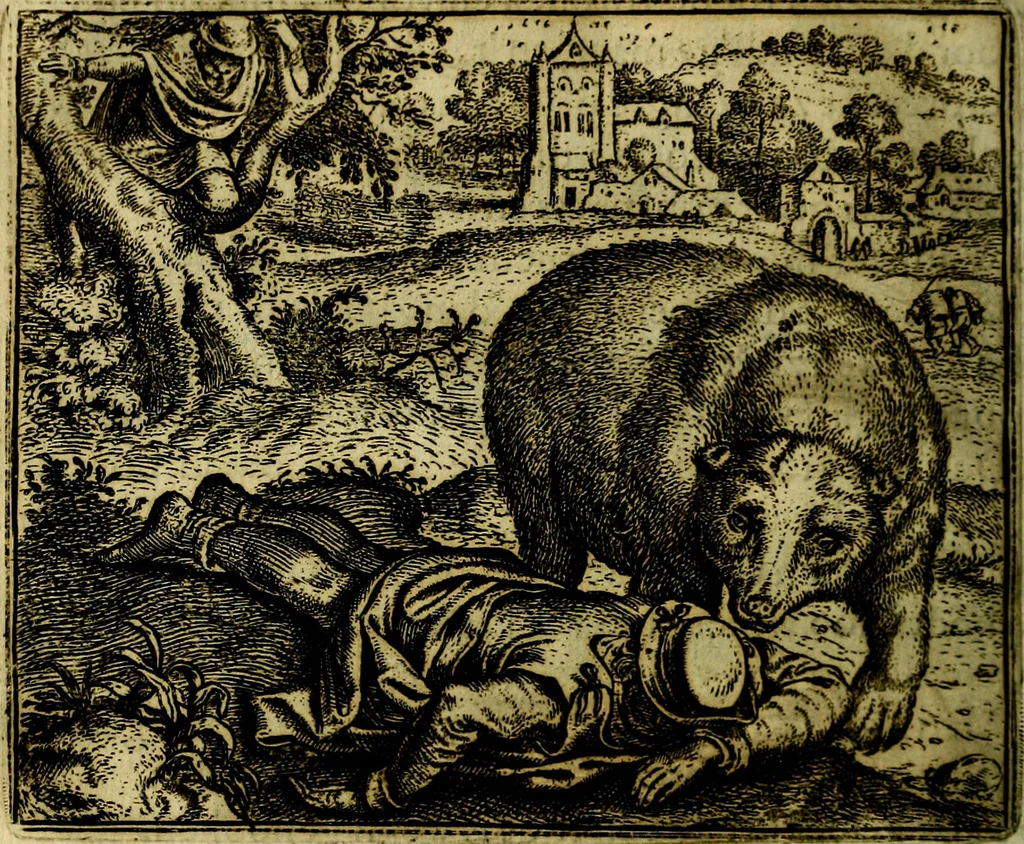 An illustration from Vorstelijcke warande der dieren : waer in de zeden-rijcke philosophie, poëtisch, morael, en historiael, vermakelijck en treffelijck wort voorgestelt : mit exempelen uyt de oude historien, in prose, 1682, leaf 223