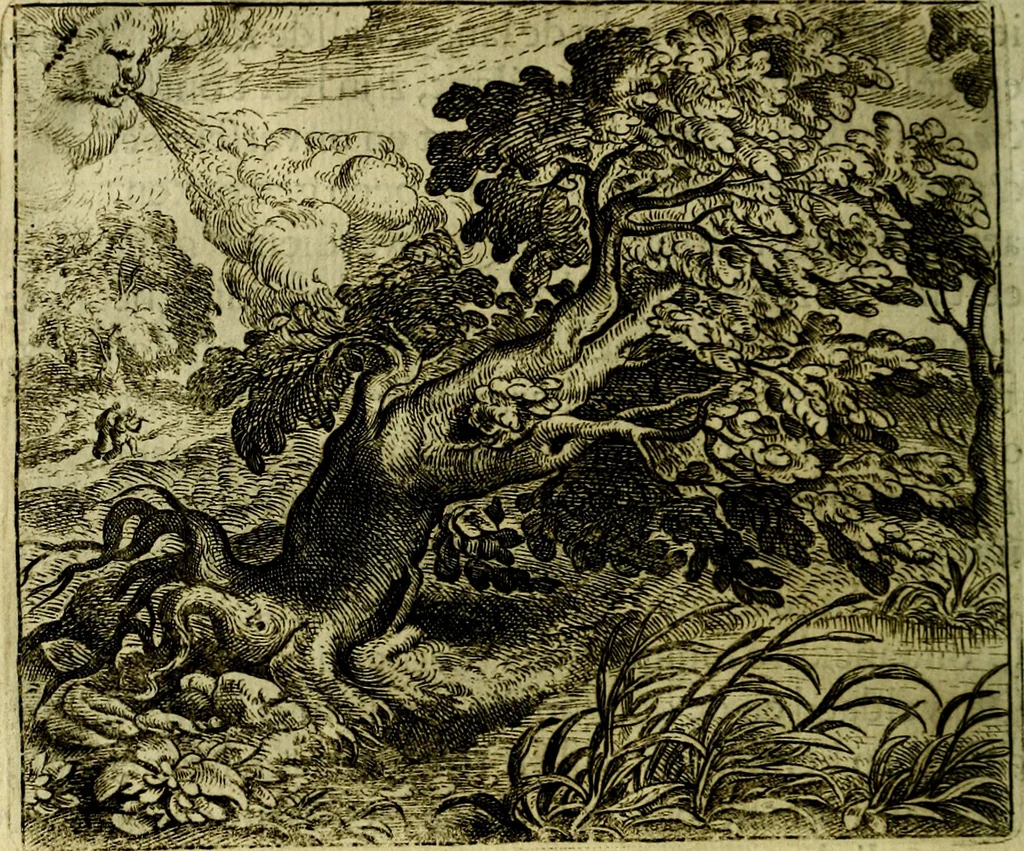 An illustration from Vorstelijcke warande der dieren : waer in de zeden-rijcke philosophie, poëtisch, morael, en historiael, vermakelijck en treffelijck wort voorgestelt : mit exempelen uyt de oude historien, in prose, 1682, leaf 45