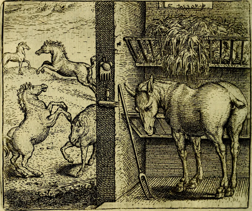 An illustration from Vorstelijcke warande der dieren : waer in de zeden-rijcke philosophie, poëtisch, morael, en historiael, vermakelijck en treffelijck wort voorgestelt : mit exempelen uyt de oude historien, in prose, 1682, leaf 51