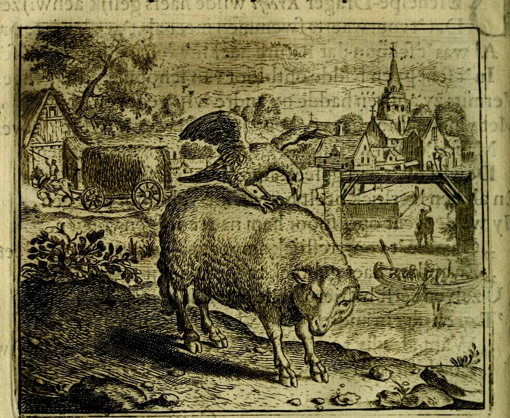 An illustration from Vorstelijcke warande der dieren : waer in de zeden-rijcke philosophie, poëtisch, morael, en historiael, vermakelijck en treffelijck wort voorgestelt : mit exempelen uyt de oude historien, in prose, 1682, leaf 63
