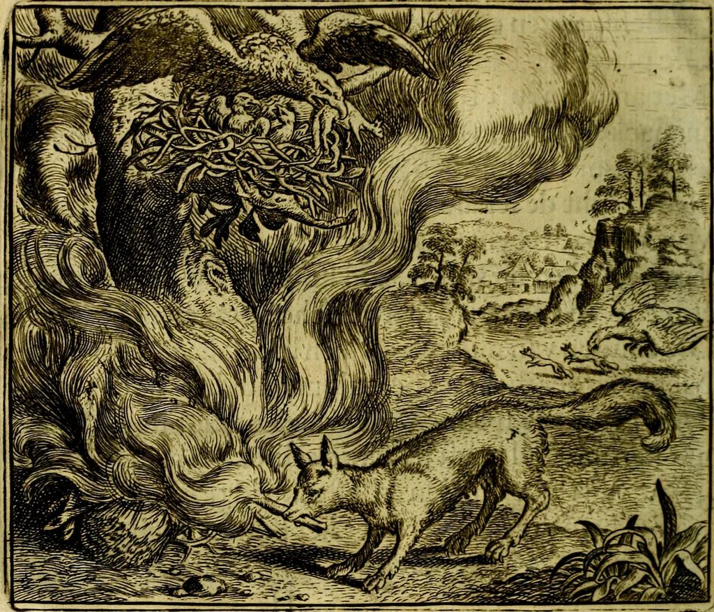 An illustration from Vorstelijcke warande der dieren : waer in de zeden-rijcke philosophie, poëtisch, morael, en historiael, vermakelijck en treffelijck wort voorgestelt : mit exempelen uyt de oude historien, in prose, 1682, leaf 67