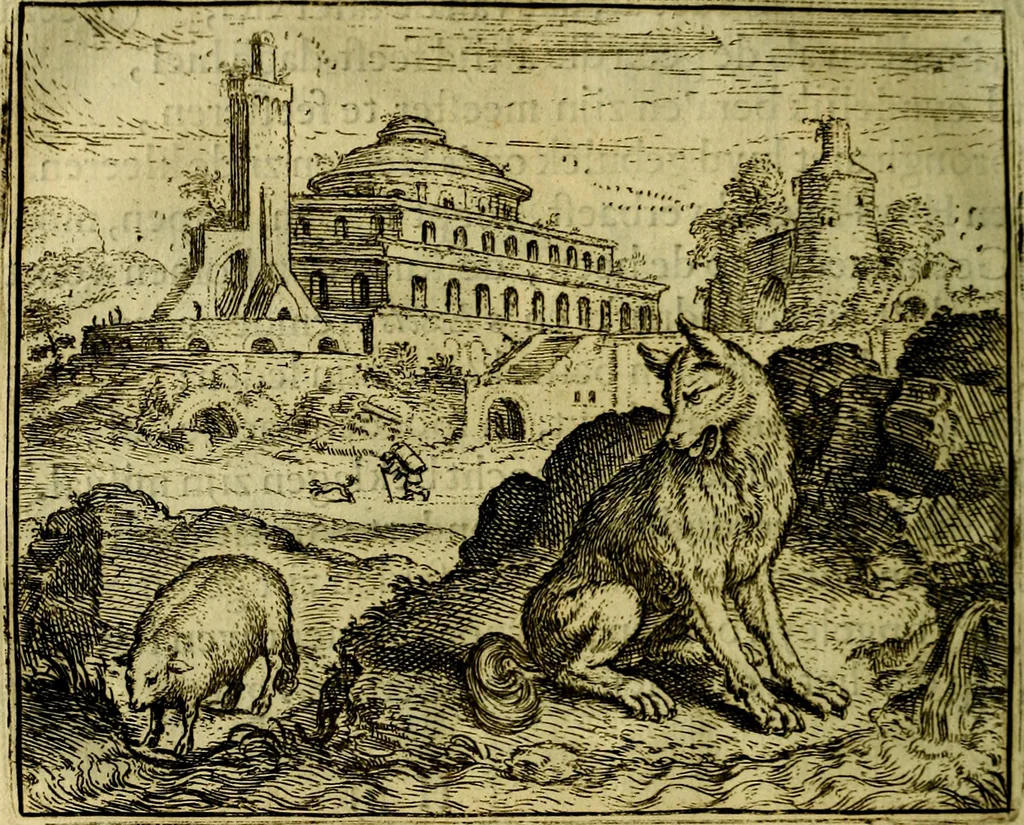 An illustration from Vorstelijcke warande der dieren : waer in de zeden-rijcke philosophie, poëtisch, morael, en historiael, vermakelijck en treffelijck wort voorgestelt : mit exempelen uyt de oude historien, in prose, 1682, leaf 71